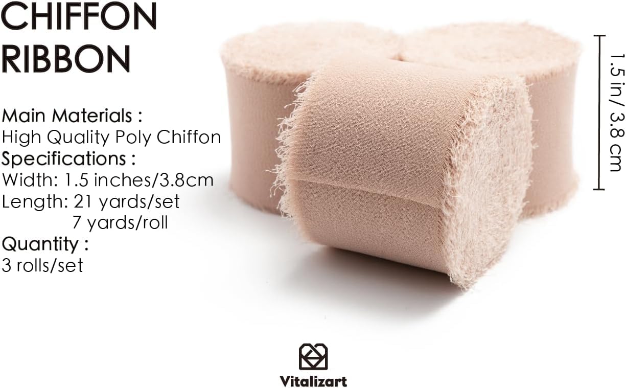 Vitalizart Nude Handmade Chiffon Silk Ribbon Fringe 3 Rolls 1.5" x 21 Yd Brown Frayed Edges Ribbons for Wedding Invitations Bridal Bouquets Gifts Wrapping Crafts Holiday Decor