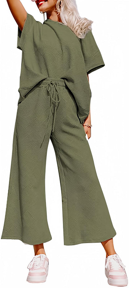 SHEWIN Two 2 Piece Outfits Sweat Suit Lounge Sets for Women Casual Long Sleeve Crewneck Pullover Tops Matching Loungewear Pants Loose Pajama Tracksuit Summer Outfits Army Green XL