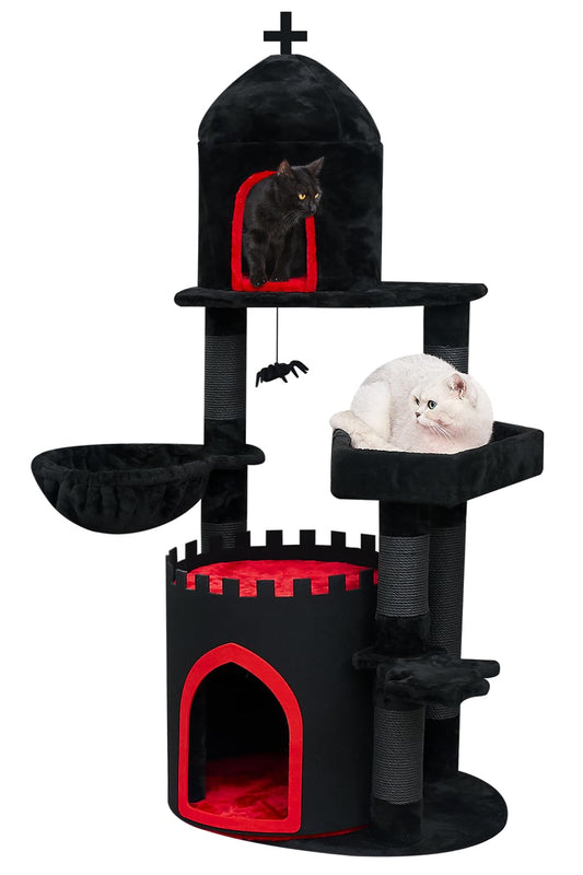 YARUOMY Gothic Cat Tree Castle, 56in Black Cat Tower with Coffin Cat Bed, Spacious Cat Condo for Halloween Cat, Kraft Twine Scratching Posts, Spider Hanging Ball,Goth Pet Furniture