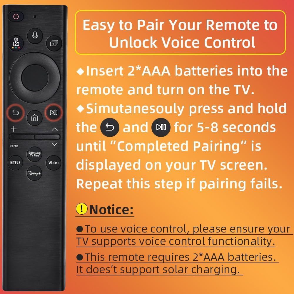 Replacement for Samsung TV Remote, for All 2019-2025 Samsung Remote Control for Smart TV with Voice Control. No Solarcell. 2-Year Warranty.