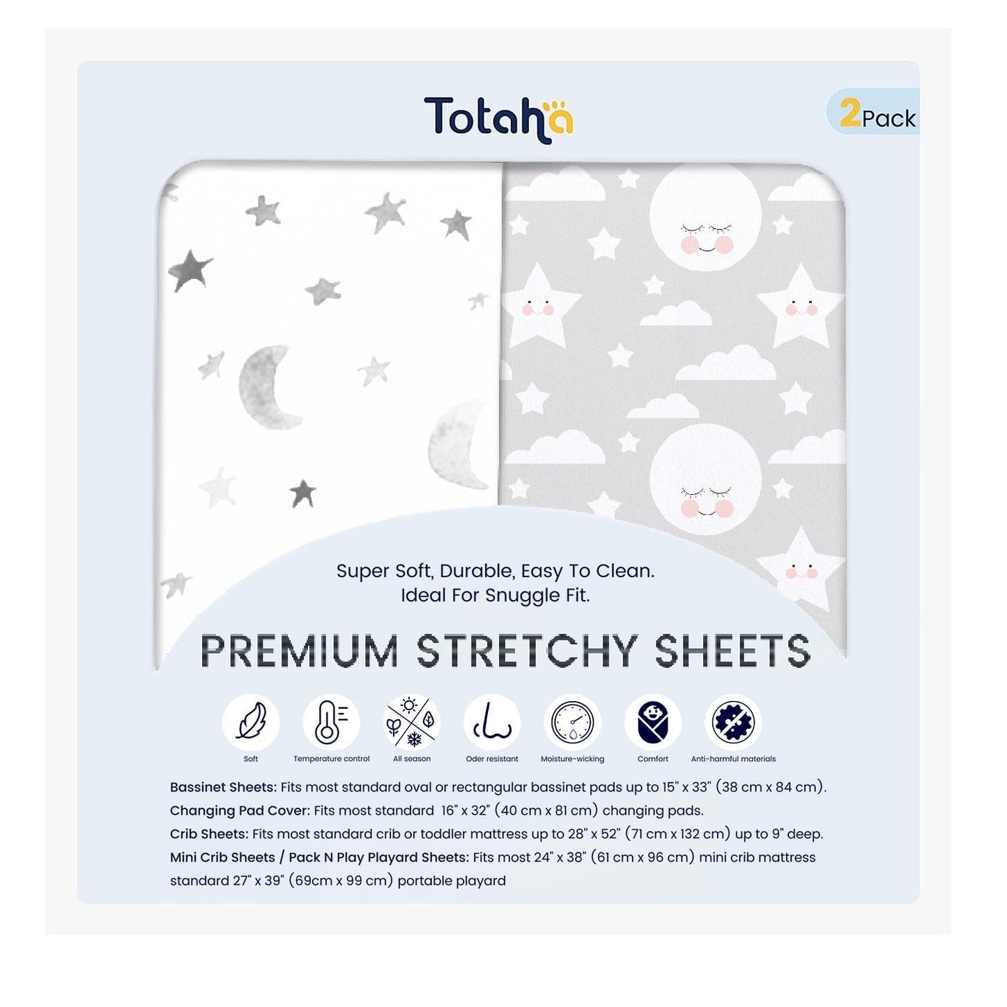 TotAha Premium Soft Pack n Play Sheets, Super Stretchy Jersey Knit Mini Crib Sheets Fitted, Silky Comfort Graco Pack and Play Mattress Sheets 2-Pack, Moon & Grey Sky