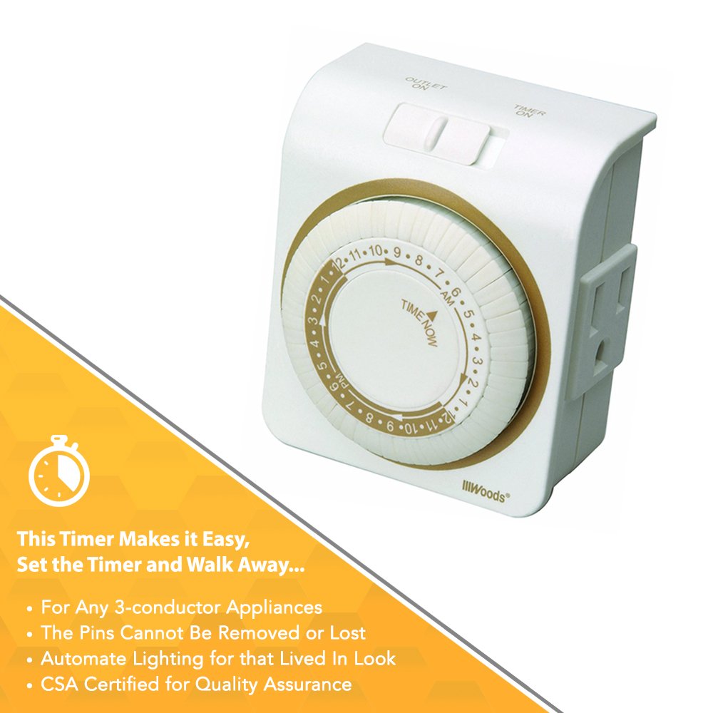 Woods 50001WD Indoor 24-Hour Heavy Duty Plug-In Mechanical Timer; 1 Grounded Outlet