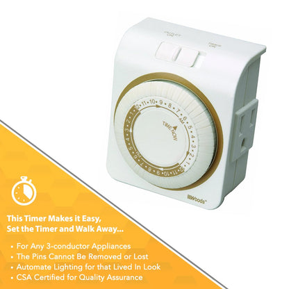 Woods 50001WD Indoor 24-Hour Heavy Duty Plug-In Mechanical Timer; 1 Grounded Outlet