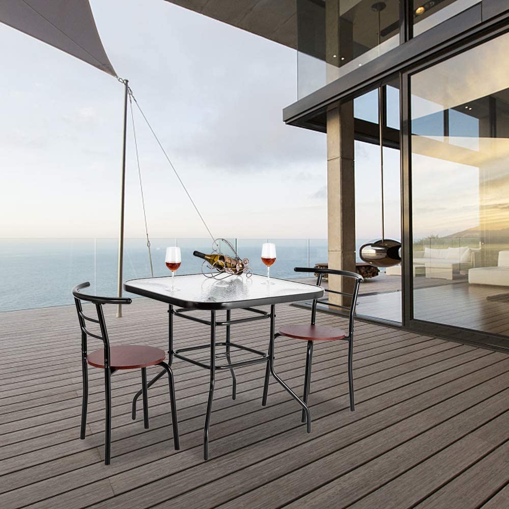 VINGLI Glass Patio Table with Umbrella Hole, 32" Square Outdoor Dining Table Steel Tempered Glass Patio Tables Outdoor Tables for Balcony Garden Deck