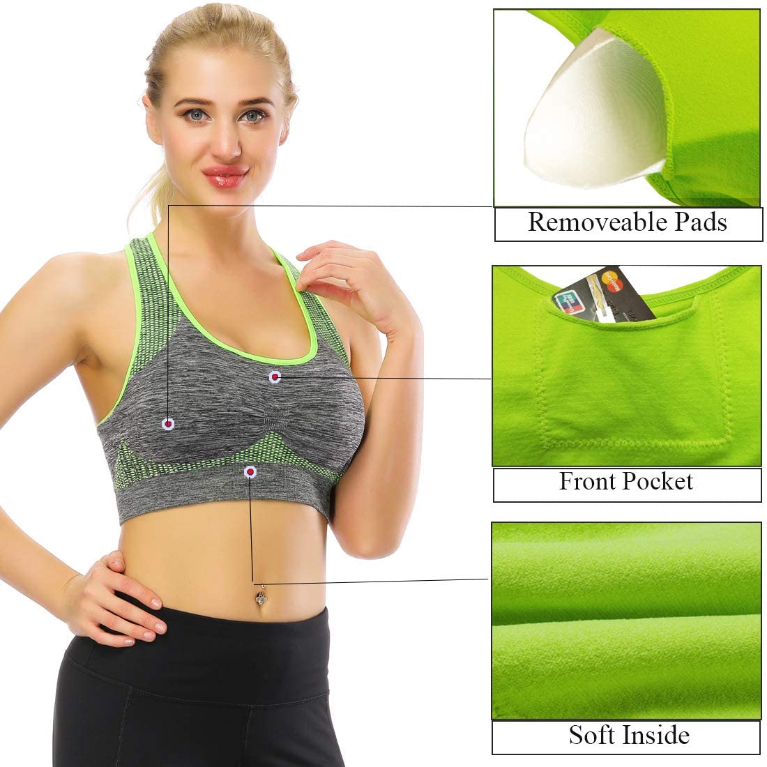 TOBWIZU Sports Bras for Women, Medium Support Yoga Gym Activewear Bras with Pocket