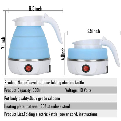Travel Kettle Electric Small Foldable Portable Kettle,Silicone Collapsible Heating Water Boiler Tea Pot for Camping,Easy for Storage with Separable Power Cord (Blue pro)