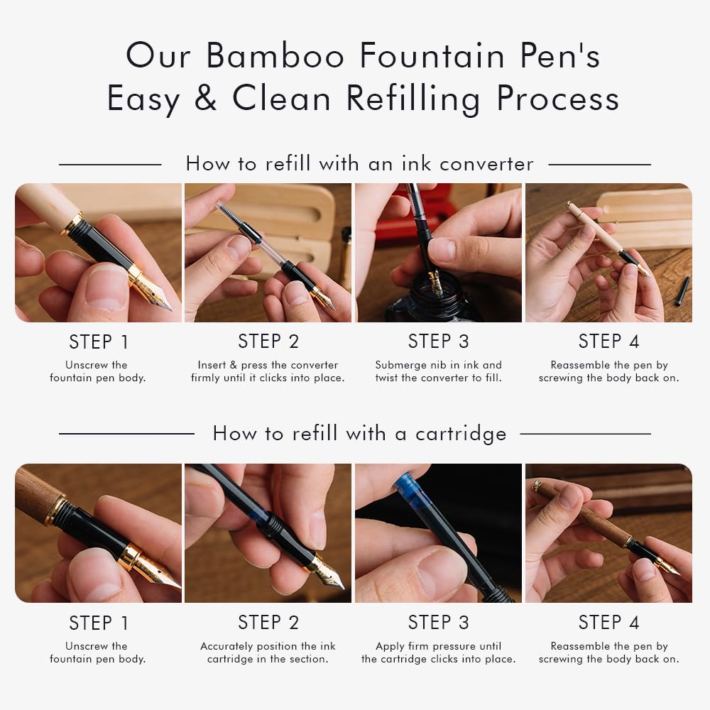 Wordsworth & Black Fountain Pen Set, Luxury Bamboo Wood - Medium Nib, Gift Case; Includes 6 Ink Cartridges, Ink Refill Converter -Journaling, Calligraphy; Drawing, Smooth Writing [Rosewood]