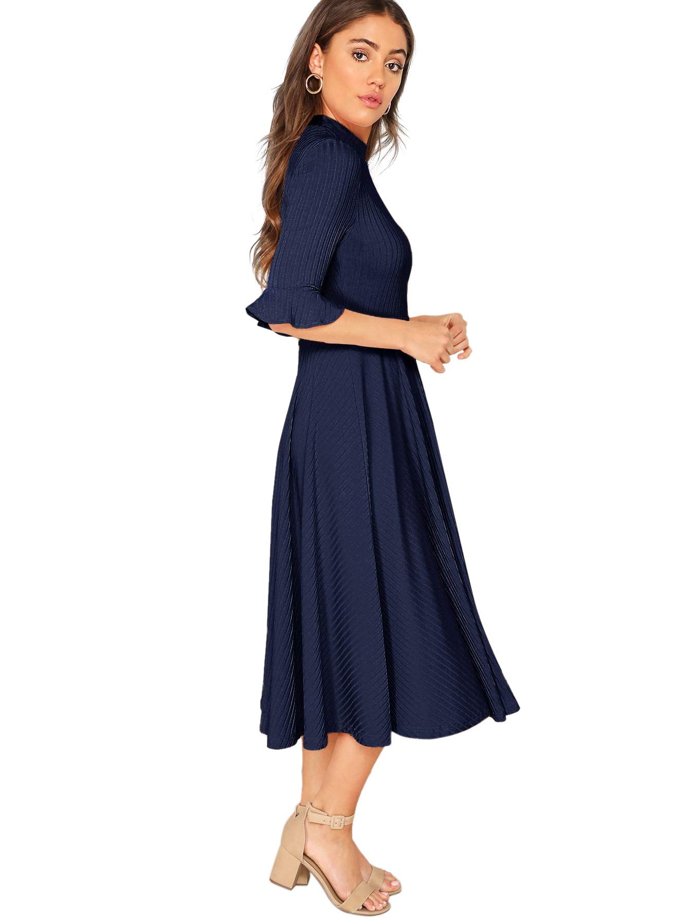 Verdusa Women's Ruffle Half Sleeve A Line Fall Dresses Elegant Fit and Flare Midi Dress Navy Small