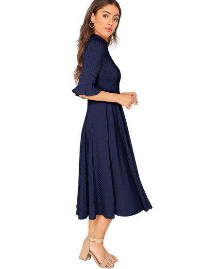 Verdusa Women's Ruffle Half Sleeve A Line Fall Dresses Elegant Fit and Flare Midi Dress Navy Small