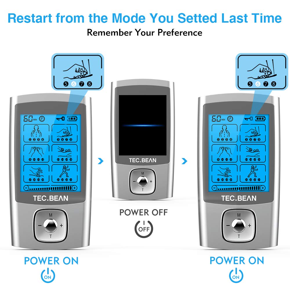 TEC.BEAN 24 Modes Tens Unit Muscle Stimulator, Rechargeable Tens Machine with 8 Electrode Pads (American Gel), Electric Pulse Massager for Pain Relief Therapy(Silver)