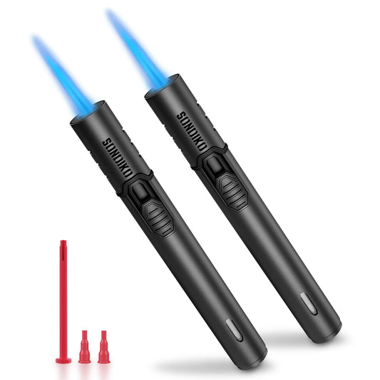 Sondiko Torch Lighters, Refillable Butane Lighter with Adjustable Jet Flame, Metal Shell, Transparent Fuel Window, Butane Nozzle Adapter Kit for Candle, Grill, BBQ, Fireworks