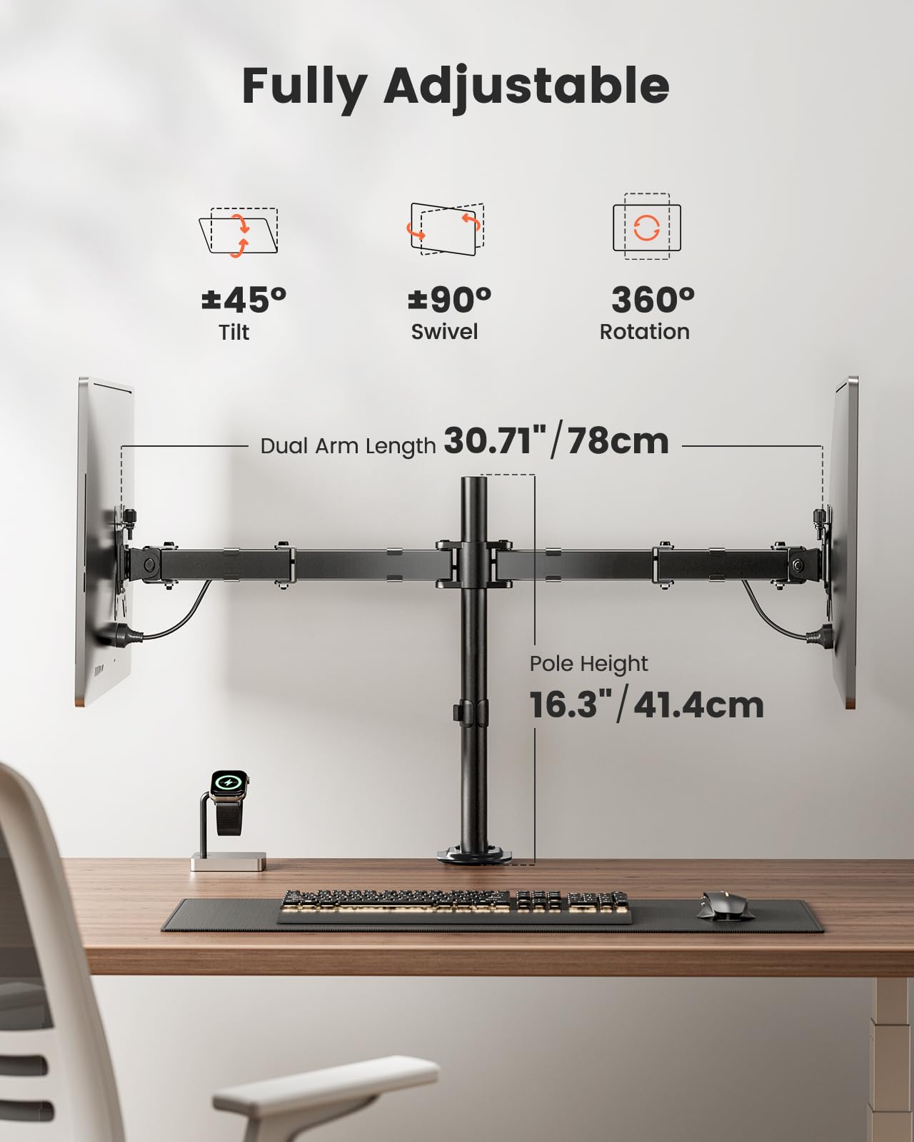 ErGear Dual Monitor Stand, Heavy Duty Adjustable Monitor Desk Mount for 2 Screens up to 32 Inches, Fully Adjustable Height, Tilt, Swivel, Rotate, Supports 17.6 lbs per Monitor Arm, Easy Installation