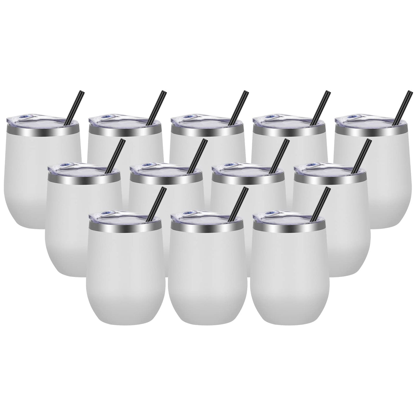 VEGOND Wine Tumblers Bulk 12 Pack, 12oz Stainless Steel Stemless Wine Glass with Lids and Straws, Double Wall Vacuum Insulated Tumbler Cup, Coffee Mug for Cold Hot Drinks