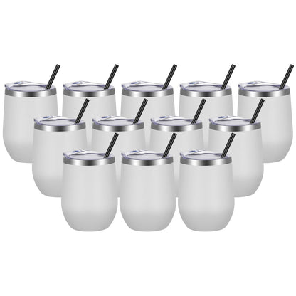 VEGOND Wine Tumblers Bulk 12 Pack, 12oz Stainless Steel Stemless Wine Glass with Lids and Straws, Double Wall Vacuum Insulated Tumbler Cup, Coffee Mug for Cold Hot Drinks