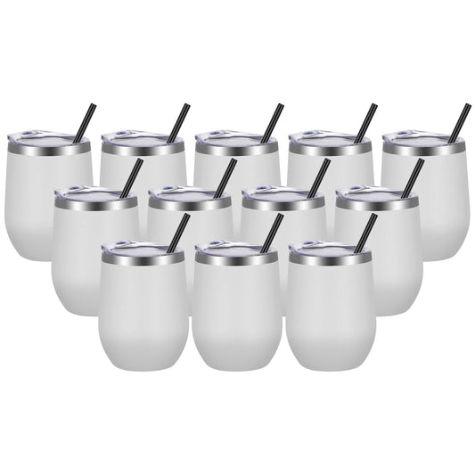 VEGOND Wine Tumblers Bulk 12 Pack, 12oz Stainless Steel Stemless Wine Glass with Lids and Straws, Double Wall Vacuum Insulated Tumbler Cup, Coffee Mug for Cold Hot Drinks