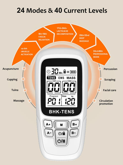 24 Modes TENS EMS Unit for Pain Relief, Muscle Stimulator Machine with 8 Reusable Electrode Pads - FDA Cleared 3-in-1 Device, 40 Intensity Levels, 90 Min Timer, Back/Neck/Knee Therapy, Pulse 2-150Hz
