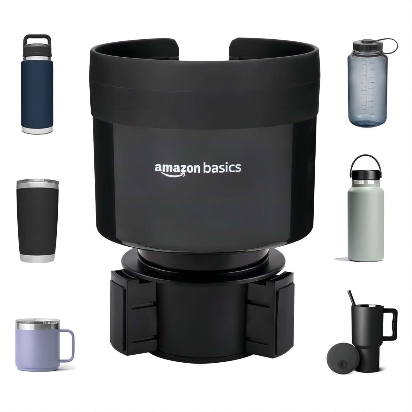 Amazon Basics Car Cup Holder Expander with Adjustable Base, Fits Large Bottles 3.4 to 3.8 in Diameter, Securely Holds Yeti, Hydro Flask and More, Black