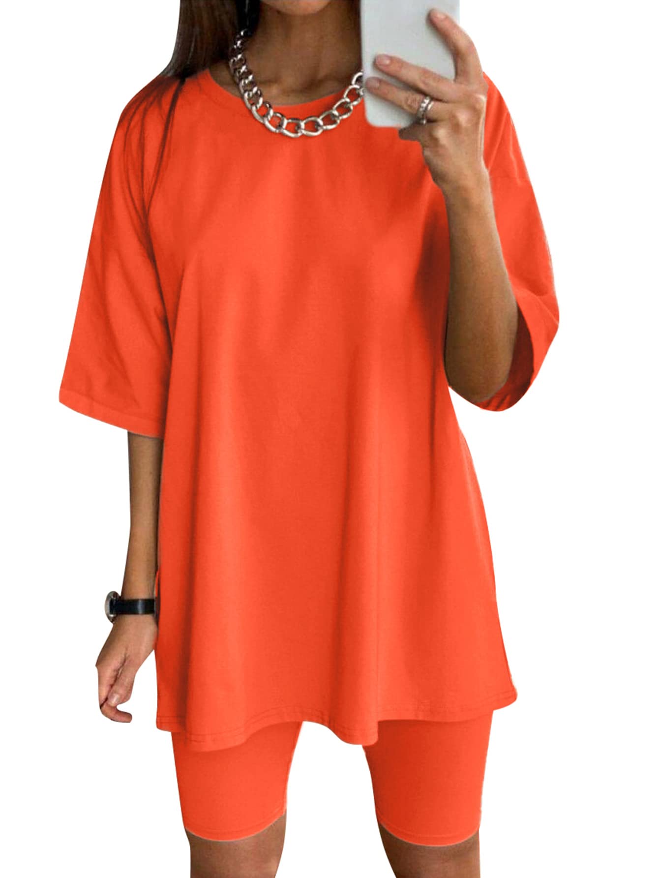 Glamaker Women 2 Piece Outfit sets Casual Oversized T-Shirt Tops Biker Shorts Workout Sport Tracksuit Fluorescent Orange Small