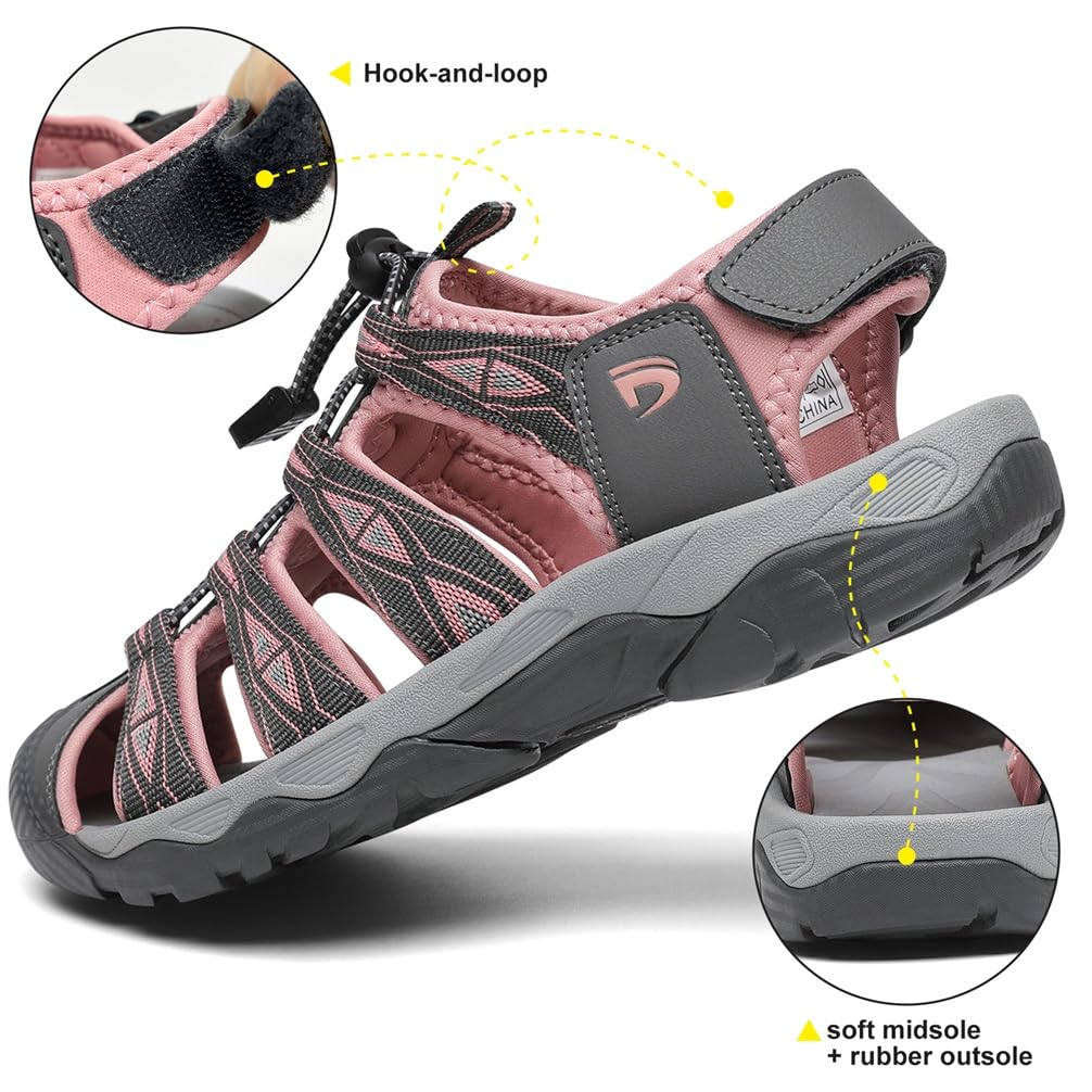 Dannto Women's Sport Hiking Sandals Closed Toe Outdoor Athletic Walking Sandal Lightweight Summer Water Shoes Grey and Pink Size 8.5
