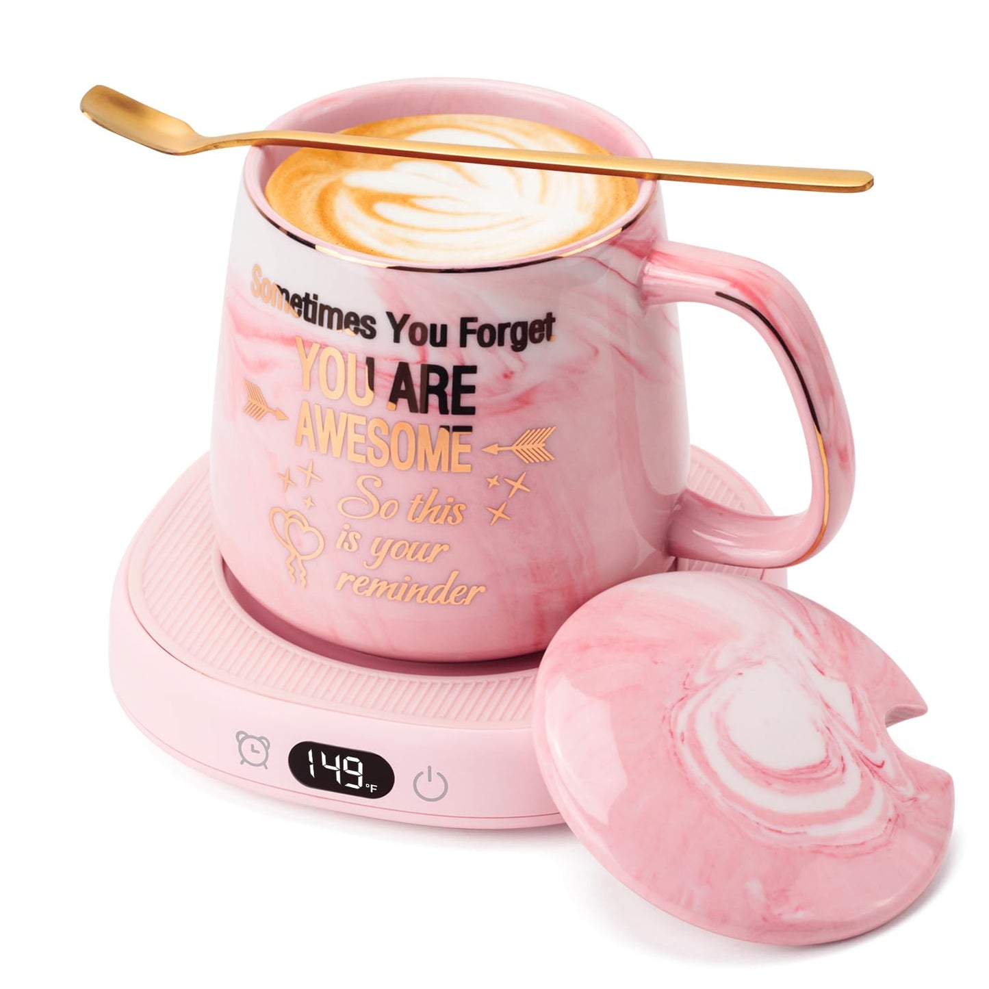 Coffee Mug Warmer & You are Awesome Mug Set, Electric Cup Warmer for Desk Office Home, Beverage Warmer with 3 Temperature Setting, 8-Hours Auto Shut Off, Best Birthday Present Ideas for Women