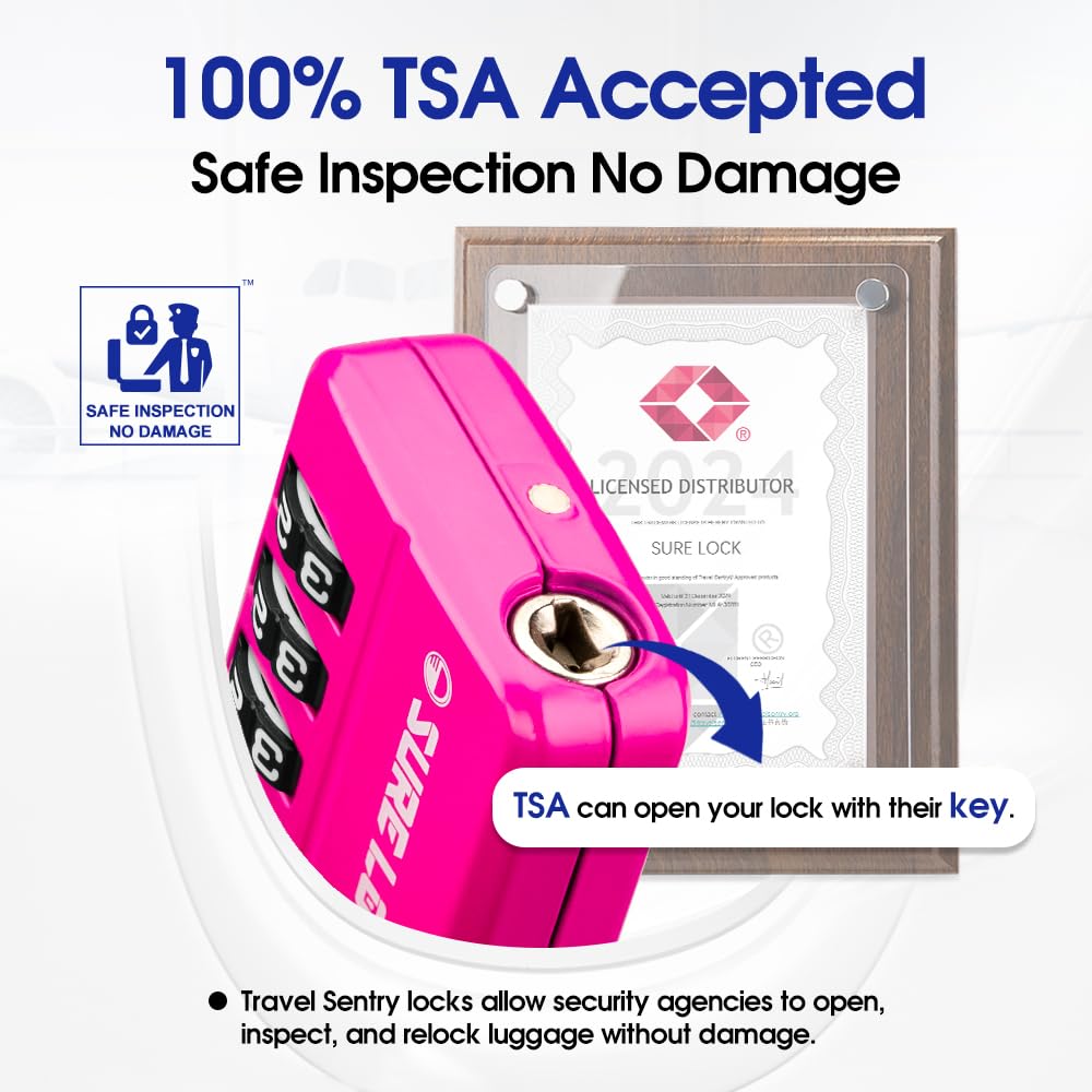SURE LOCK TSA Approved 4-Digit Resettable Combination Luggage Locks with Open Alert, Easy-Read Dials - for Luggage, School Lockers, Gym, Office, Toolbox & Security Cases (Pink 1 Pack)