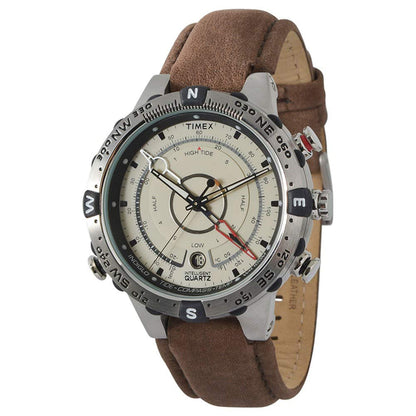 Timex Men's T2N721 Intelligent Quartz Compass Tide Temperature Silver Case Brown Strap Watch