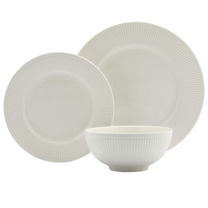 Tabletops Gallery Embossed Bone White Porcelain Round Dinnerware Collection- Chip Resistant Scratch Resistant, Fleur 12 Piece Dinnerware Set (Dinner Plate, Salad Plate, Cereal Bowl)