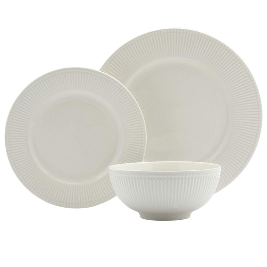 Tabletops Gallery Embossed Bone White Porcelain Round Dinnerware Collection- Chip Resistant Scratch Resistant, Fleur 12 Piece Dinnerware Set (Dinner Plate, Salad Plate, Cereal Bowl)