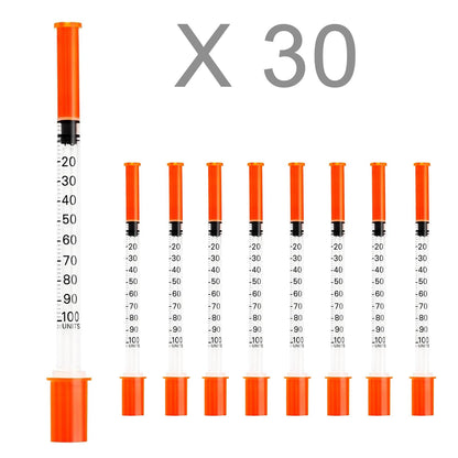 U-100 Syringes with Needle - 30G 5/16" (8mm) 1ml/cc Disposable Syringe, Individual Wrapped, 30PACK