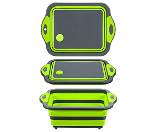 YZWDTGS Collapsible Cutting Board with Colander, Foldable Multi-function Kitchen Plastic Silicone Dish Tub, Fruits Vegetables Wash and Drain Sink Storage Basket (Green)
