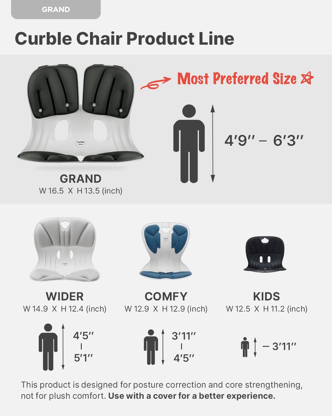 curble Grand(Extra Wide & Sturdy) – Ergonomic Back and Lumbar Support for Good Posture Correction and Back Pain Relief, Perfect for Office, Floor Seat and Work from Home, Patented (Grey)