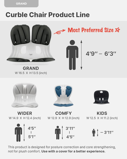 curble Grand(Extra Wide & Sturdy) – Ergonomic Back and Lumbar Support for Good Posture Correction and Back Pain Relief, Perfect for Office, Floor Seat and Work from Home, Patented (Grey)