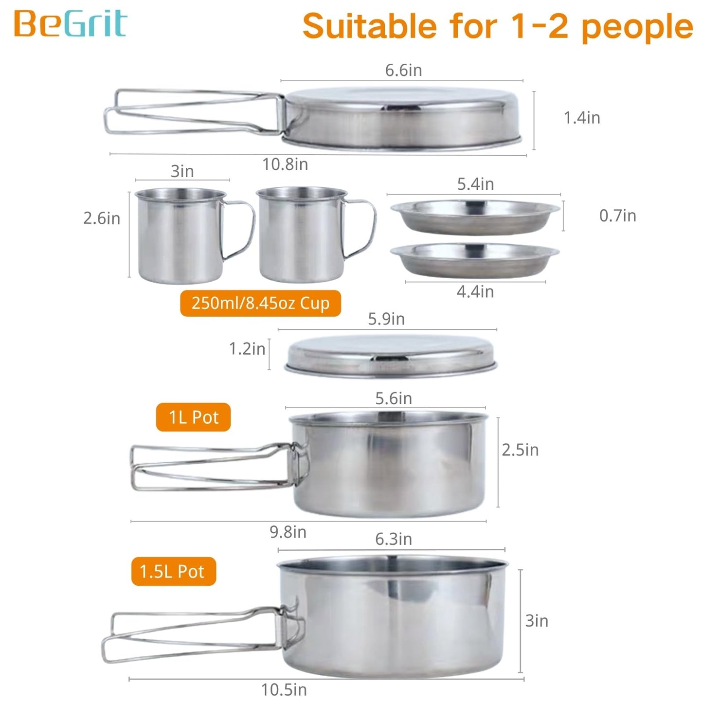 BeGrit Backpacking Camping Cookware Mini Picnic Camping Cooking Mess Kit with Pot and Pan Set for Hiking 8pcs Set