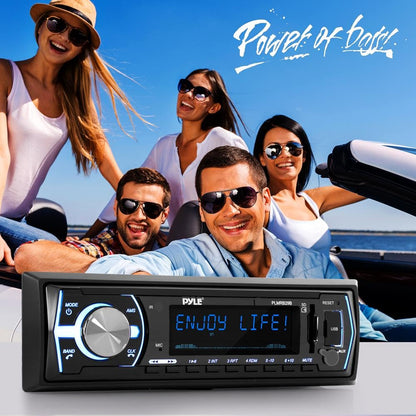 Pyle Marine Bluetooth Stereo Radio - 12v Single DIN Style Boat In dash Radio Receiver System with Built-in Mic, Digital LCD, RCA, MP3, USB, SD, AM FM Radio - Remote Control - PLMRB29B (Black)
