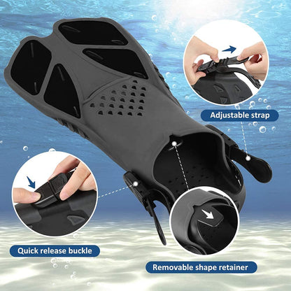 Snorkel Fins, Swim Fins with Adjustable Buckles, Open Heel, Travel Size Short Flippers for Snorkeling, Swimming and Scuba Diving, Light Diving Fins with Mesh Bag for Adult Men Women Kids
