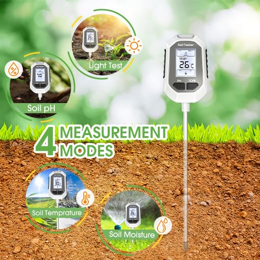 YAMRON 4-in-1 Soil Moisture Meter Digital Plant Temperature/Soil Moisture/PH Meter/Sunlight Intensity Backlight LCD Display Soil Test Meter for Gardening, Farming and Outdoor Plants