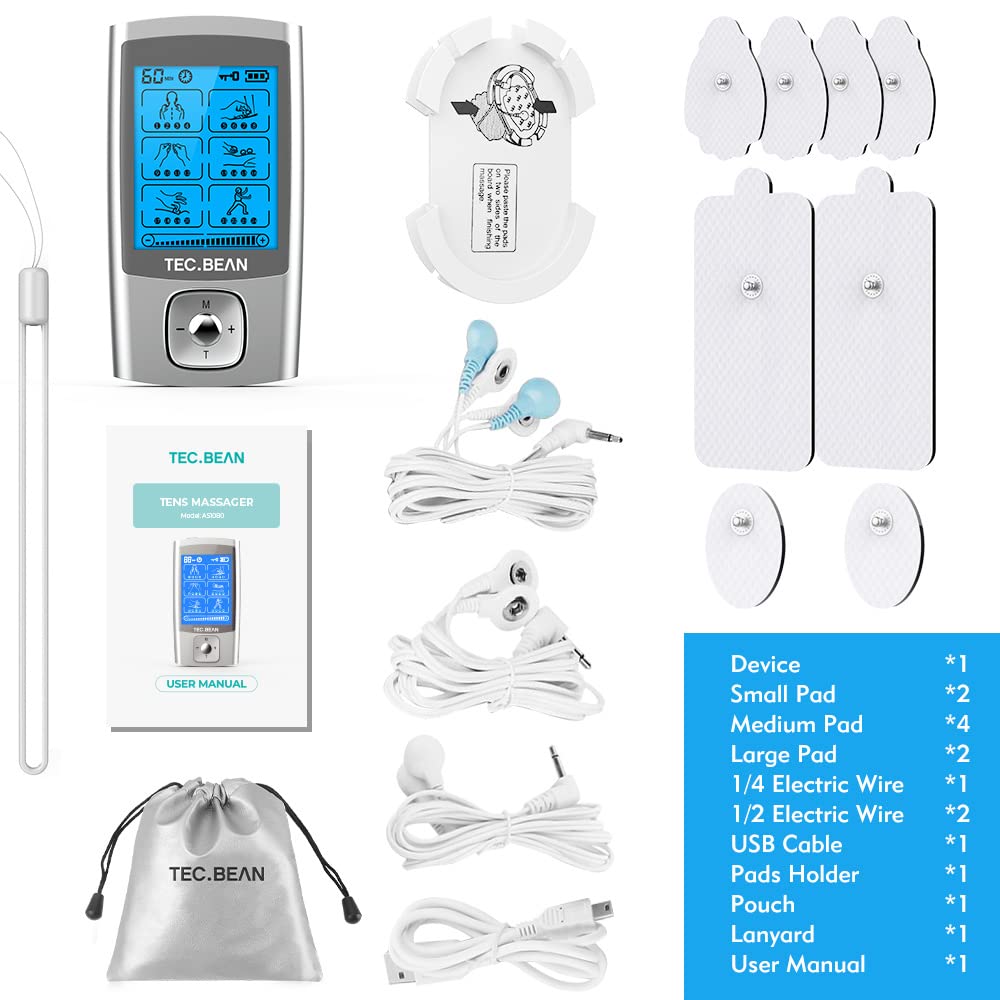 TEC.BEAN 24 Modes Tens Unit Muscle Stimulator, Rechargeable Tens Machine with 8 Electrode Pads (American Gel), Electric Pulse Massager for Pain Relief Therapy(Silver)