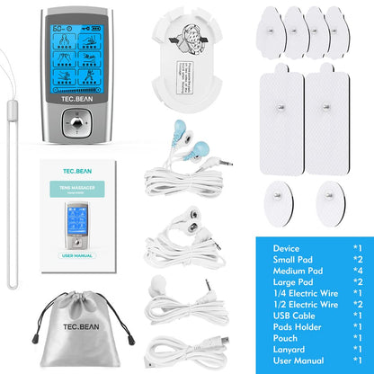 TEC.BEAN 24 Modes Tens Unit Muscle Stimulator, Rechargeable Tens Machine with 8 Electrode Pads (American Gel), Electric Pulse Massager for Pain Relief Therapy(Silver)