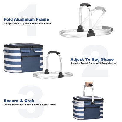 ALLCAMP Picnic Basket - Insulated Cooler, Thickening Foldable Picnic Basket with Removable Baskets & Sewn-in Frame, Basket for House Warming Gifts New Home(Blue and White)