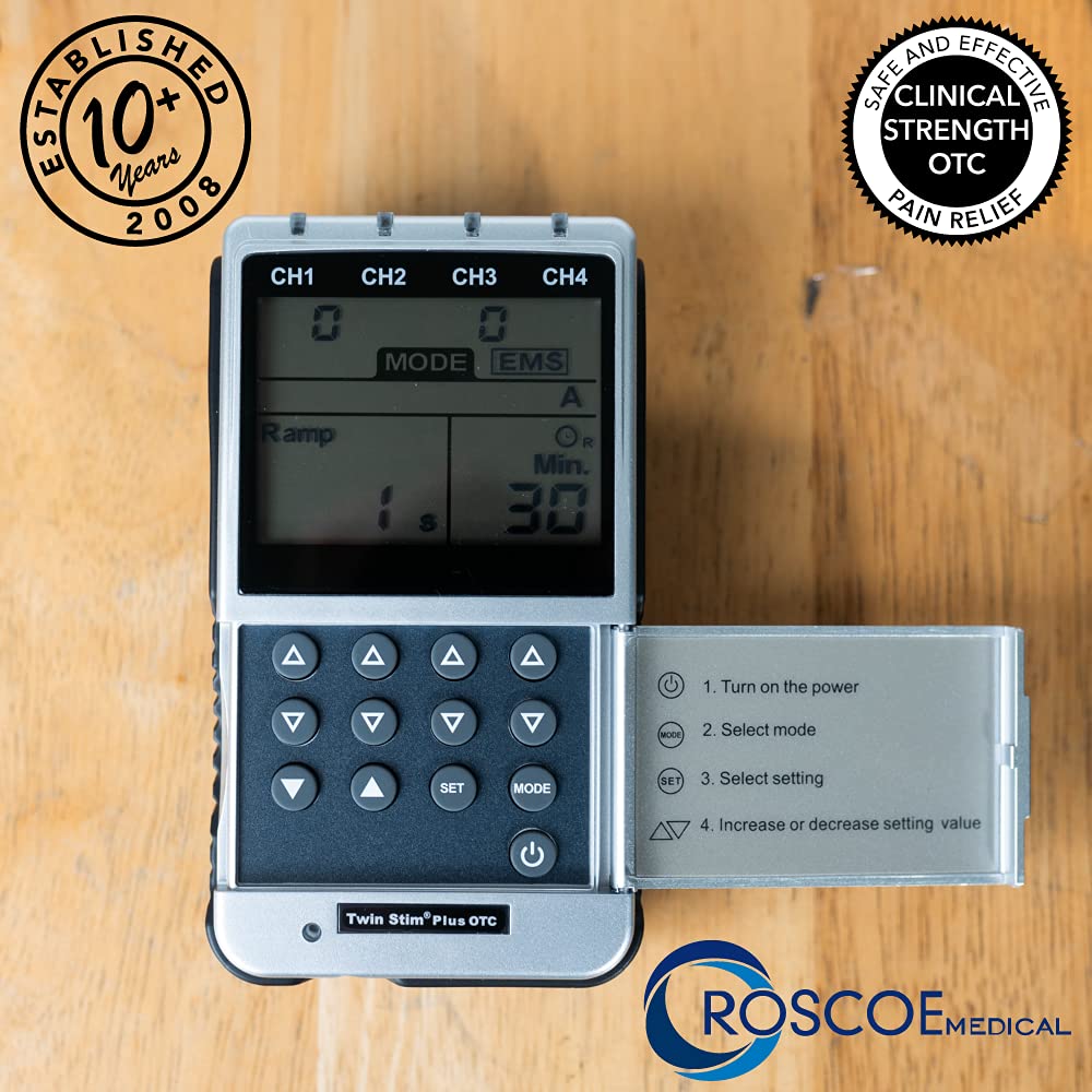 Roscoe Medical TENS Unit and EMS Muscle Stimulator - 4-Channel OTC TENS Machine for Back Pain Relief, Lower Back Pain Relief, Neck Pain, Includes Case, Pain Relief, Muscle Recovery
