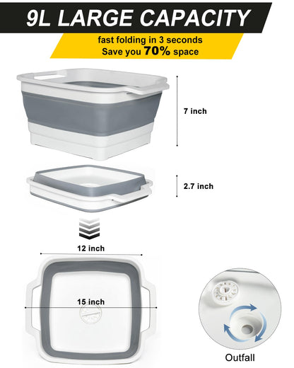 Collapsible Wash Basin with Drain Plug 9L (2.4Gal), Dishpan for Washing Dishes Basin,Collapsible Dish Tub Portable Sink for Kitchen Sink, Camping RV Washing Tub(Gray)
