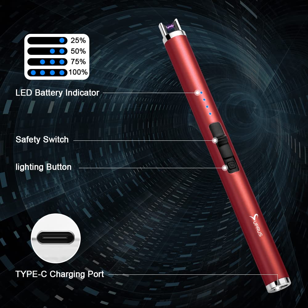 SUPRUS Electric Lighter Candle Type C Rechargeable Lighter with Upgraded LED Battery Display Safety Switch Flameless Plasma Windproof for Candle Cooking BBQs Fireworks (Red)