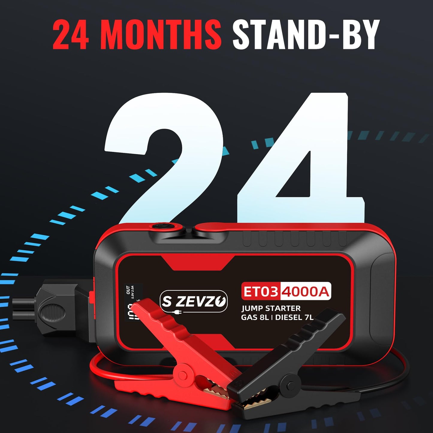 S ZEVZO ET03 Car Jump Starter 4000A Jump Starter Battery Pack for Up to 8.0L Gas and 7.0L Diesel Engines, 74Wh Portable 12V Jump Box with USB Ports, LCD Display, Storage Case, and LED Light