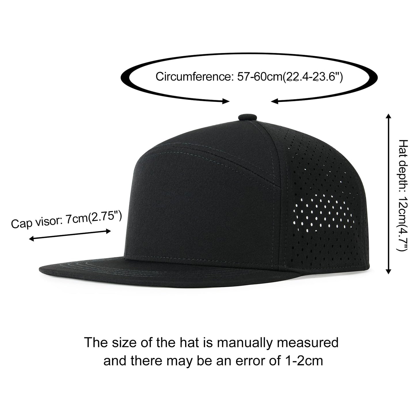 FEINION Men Flat Brim Adjustable Performance Hat Snapback Laser Perforated Baseball Cap (Black)