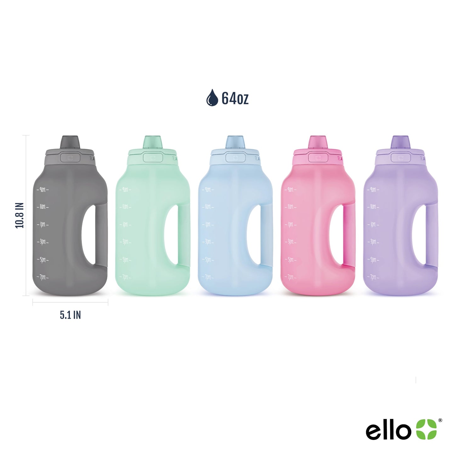 Ello Hydra 64oz Half Gallon Water Jug with Handle and Motivational Time Markers for All Day Hydration, Plastic Reusable Water Bottle with Straw and Locking, Leak Proof Lid, BPA Free, Yucca