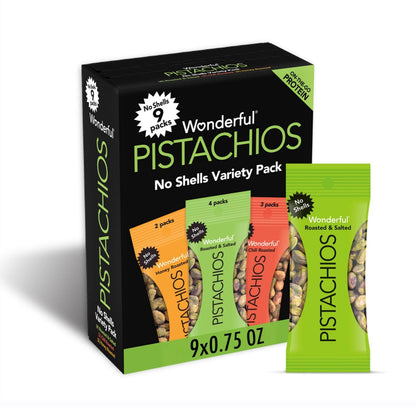 Wonderful Pistachios No Shells, 3 Flavors Mixed Variety Pack of 9 (0.75 Ounce), Roasted & Salted Nuts (4), Chili Roasted (3), Honey Roasted (2), Protein Snacks, Gluten Free, Pantry Staples, Healthy Snacks Variety Pack for Adults