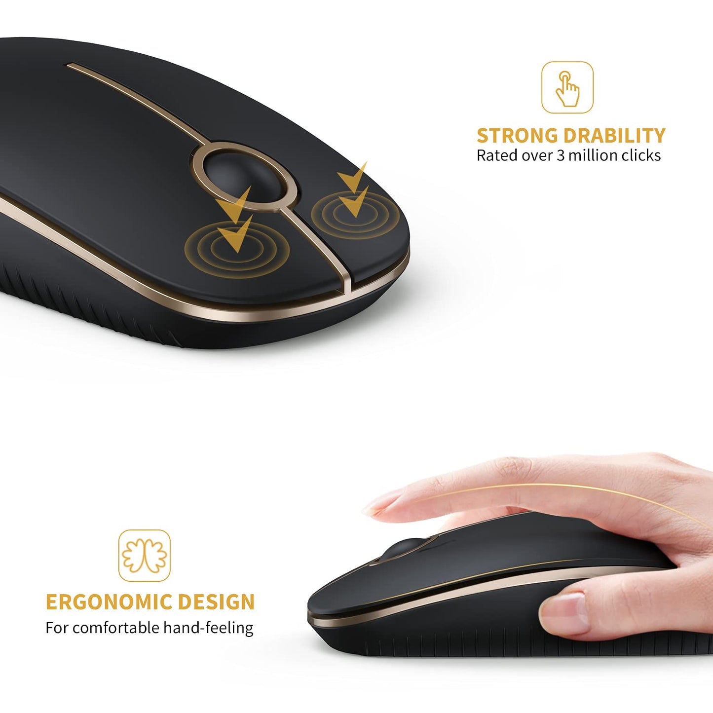 Vssoplor Wireless Mouse, 2.4G Slim Portable Computer Laptop Mouse with Nano Receiver Quiet Silent Optical Mice for Notebook, PC, Laptop, Computer-Black and Gold