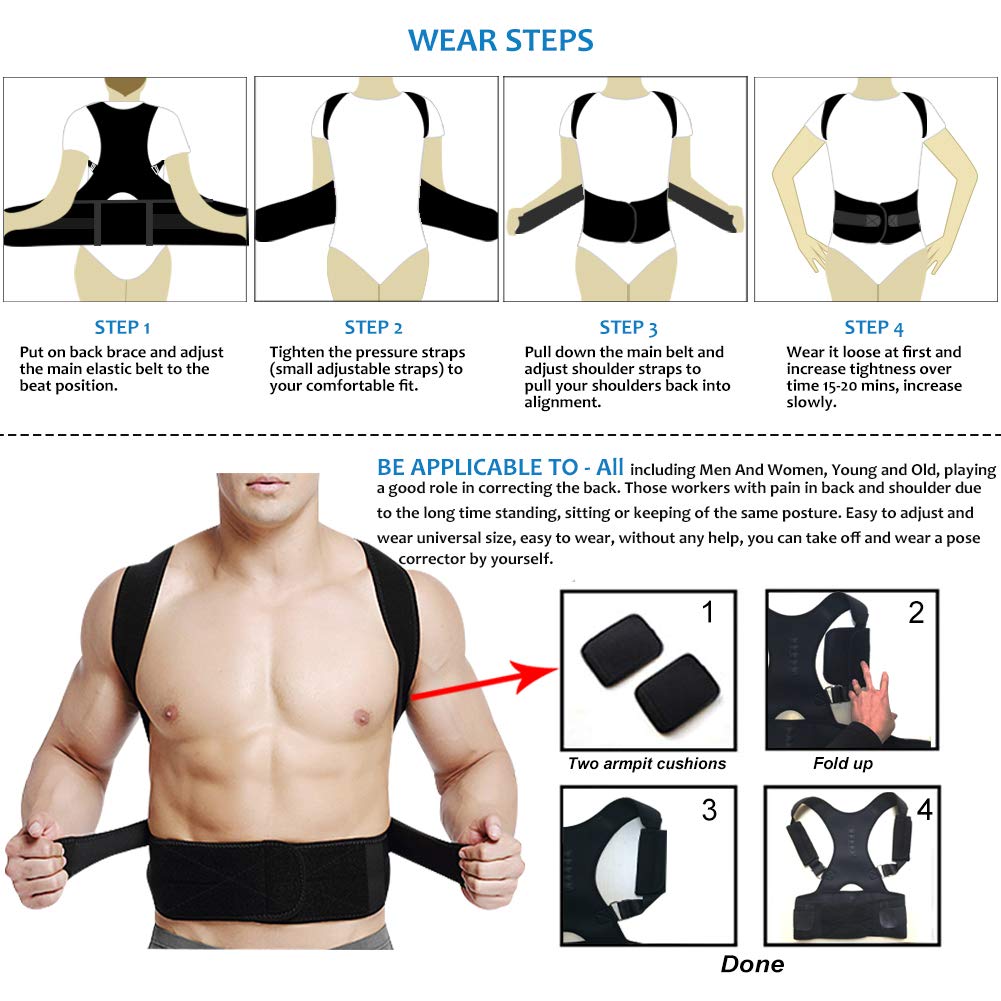 Thoracic Back Brace Posture Corrector - Magnetic Support for Neck Shoulder Upper and Lower Back Pain Relief - Perfect Posture Brace for Cervical Lumbar Spine - Fully Adjustable Belt (Black, Medium)
