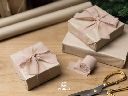 Vitalizart Nude Handmade Chiffon Silk Ribbon Fringe 3 Rolls 1.5" x 21 Yd Brown Frayed Edges Ribbons for Wedding Invitations Bridal Bouquets Gifts Wrapping Crafts Holiday Decor