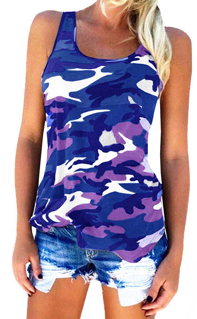 Zcavy Women's Camo Tank Tops Print Athletic Tops Sports Shirts Yoga Fitness Tank Workout Top Racerback Tank Top Camo Printed Training Tanks Racerback Gym Tank Tops Exercise Comfortable Tank Blue L